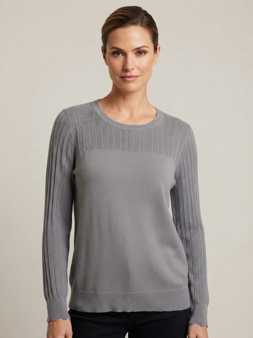 Lightweight Grey Pointelle Panel Crewneck Sweater